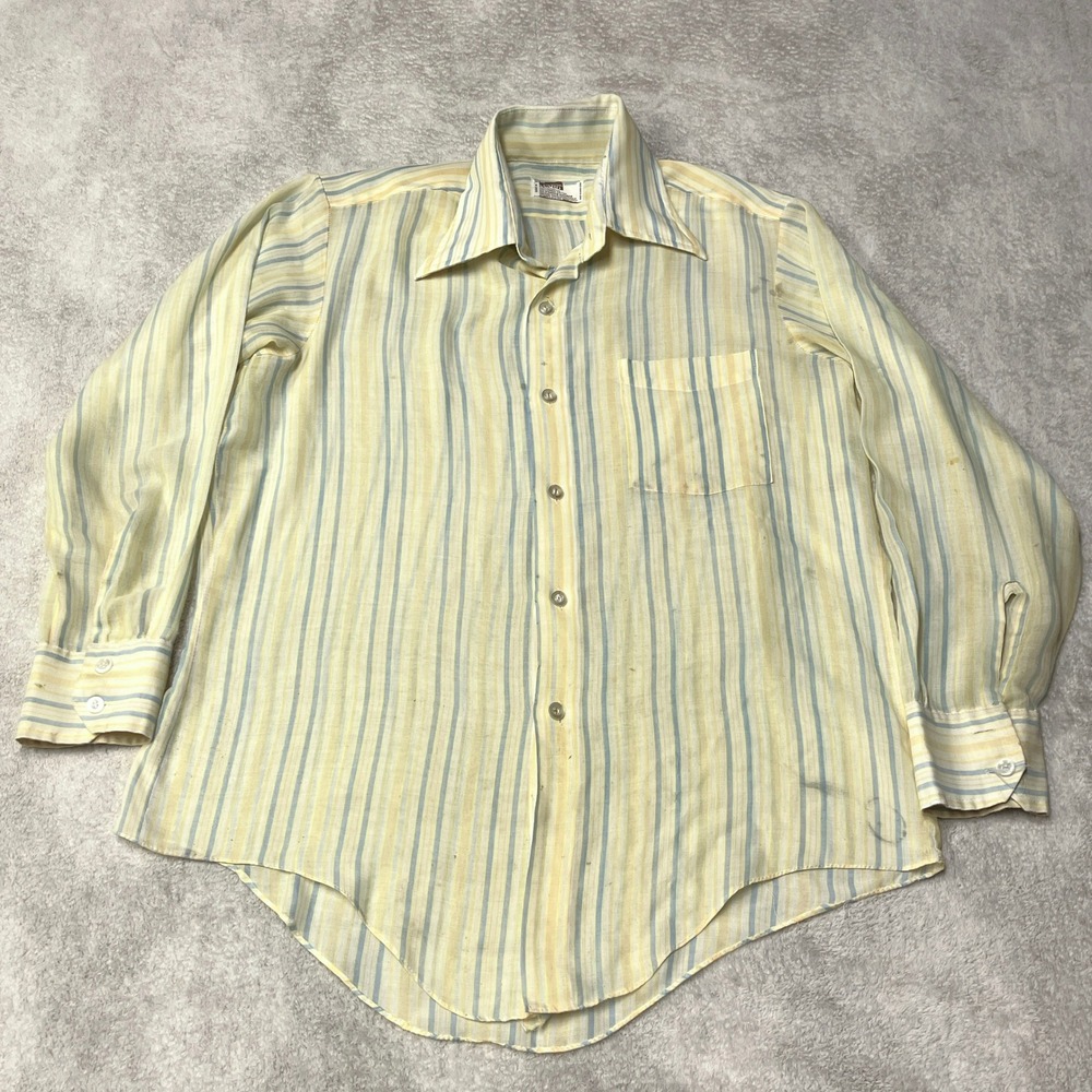 True Vintage 70s Montgomery Ward Disco Shirt Sheer Yellow Striped STAINED Mens L